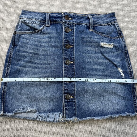 Mudd Womens Blue Distressed Denim Skirt Button Front FLX Stretch Raw Hem Size 1 - Picture 9 of 12